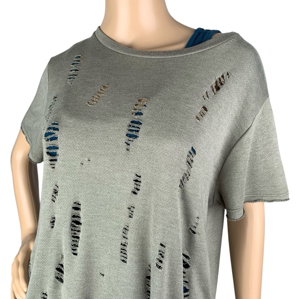 Twinkle Fairycore Fringy Distressed Earthy Sage Green Short Sleeve Top Sz Medium